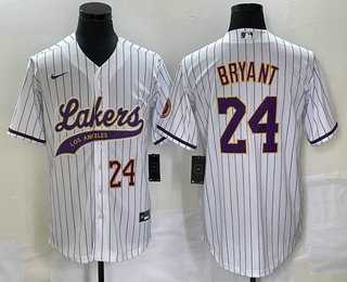 Mens Los Angeles Lakers #24 Kobe Bryant White Pinstripe With Patch Cool Base Stitched Baseball Jersey2->los angeles lakers->NBA Jersey